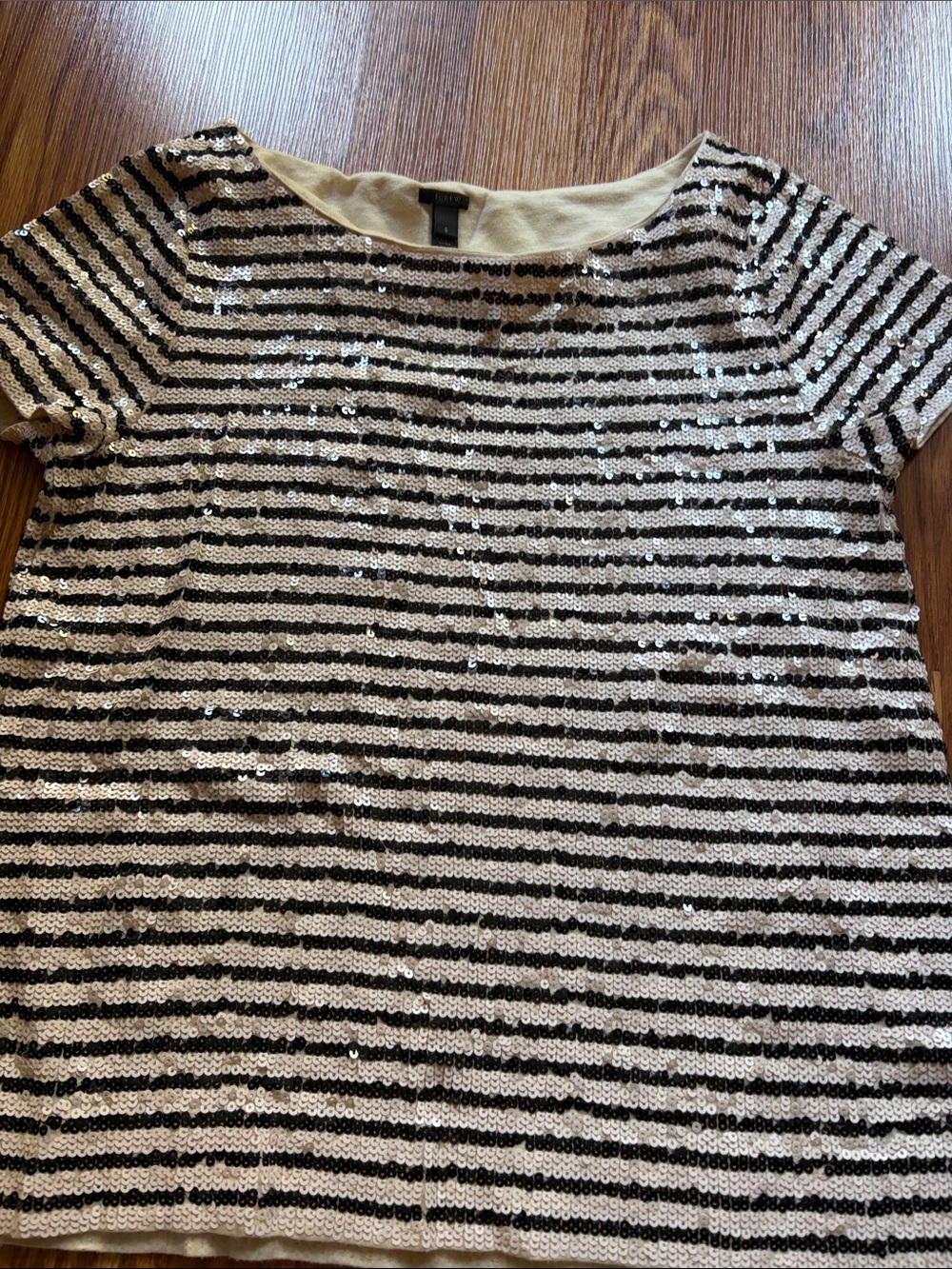 J. Crew Black & Cream Sequin Striped Short Sleeve Tee